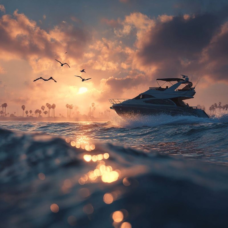 Yacht at sunset through porthole